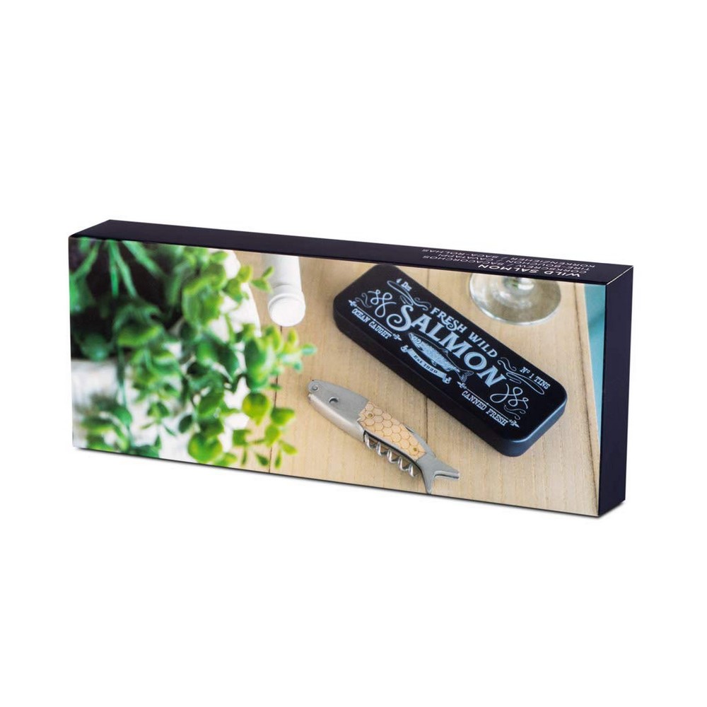 Balvi Wild Salmon Corkscrew Bottle Opener and Metal Steel/Wood Knife 26785